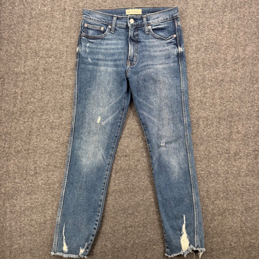 Gap 1969 Womens High Rise Slim Straight Distressed Frayed Hem Jeans Blue Size 28